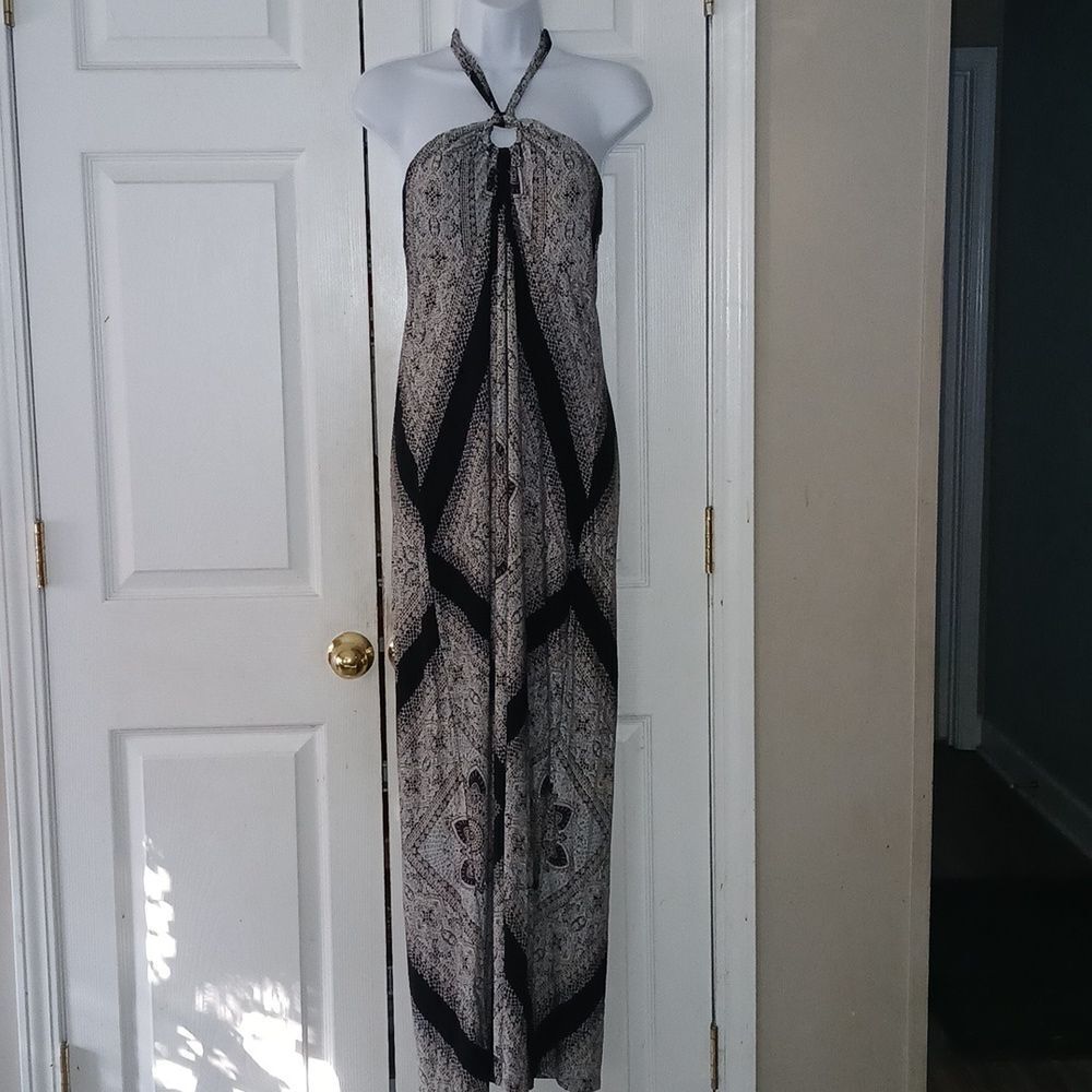 Valeri Bertinelli maxi black white printed halter dress Sz 14 EUC